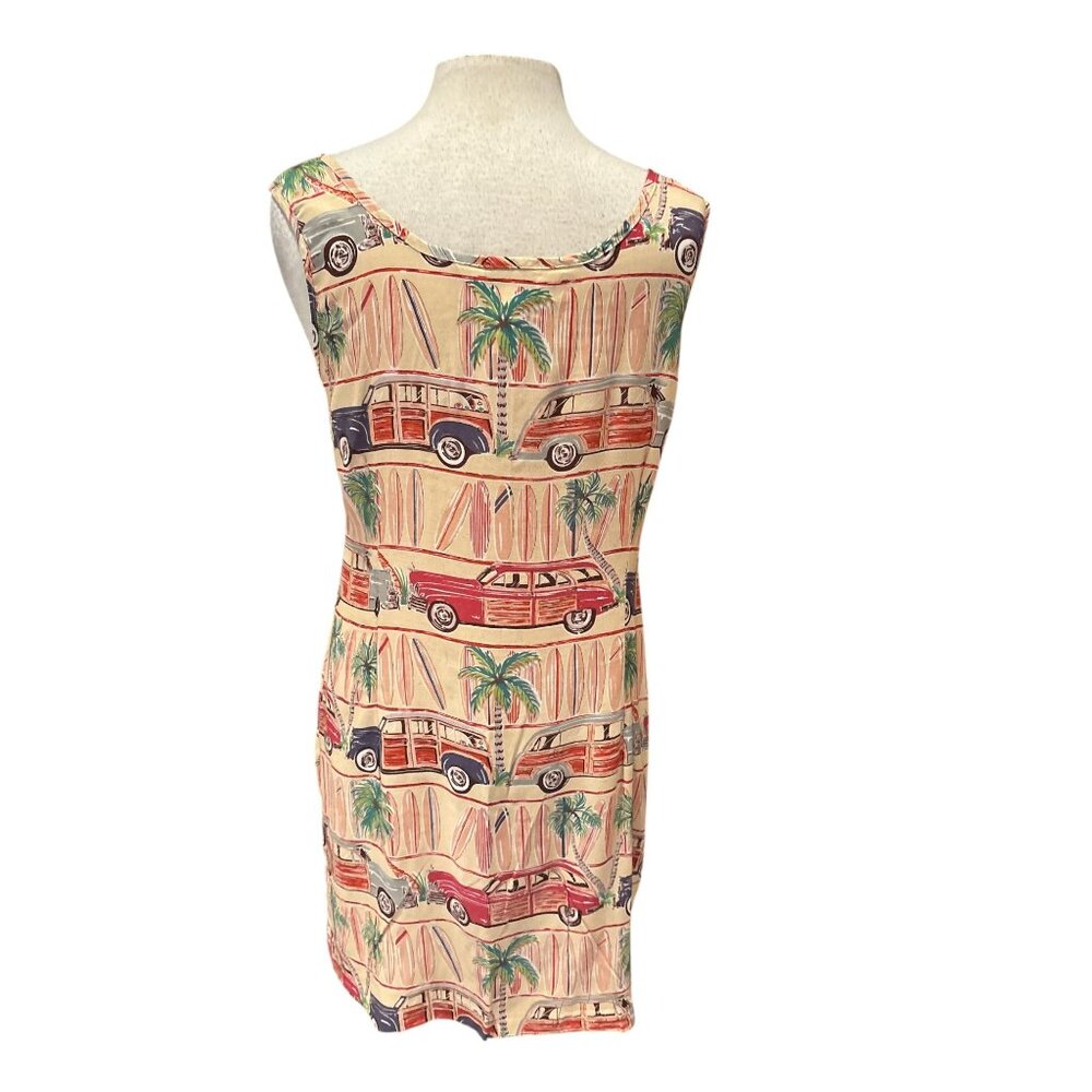 Vintage-Inspired Sleeveless Dress With Surf Cars & Palm Trees Print Rayon Fabri - Picture 3 of 7